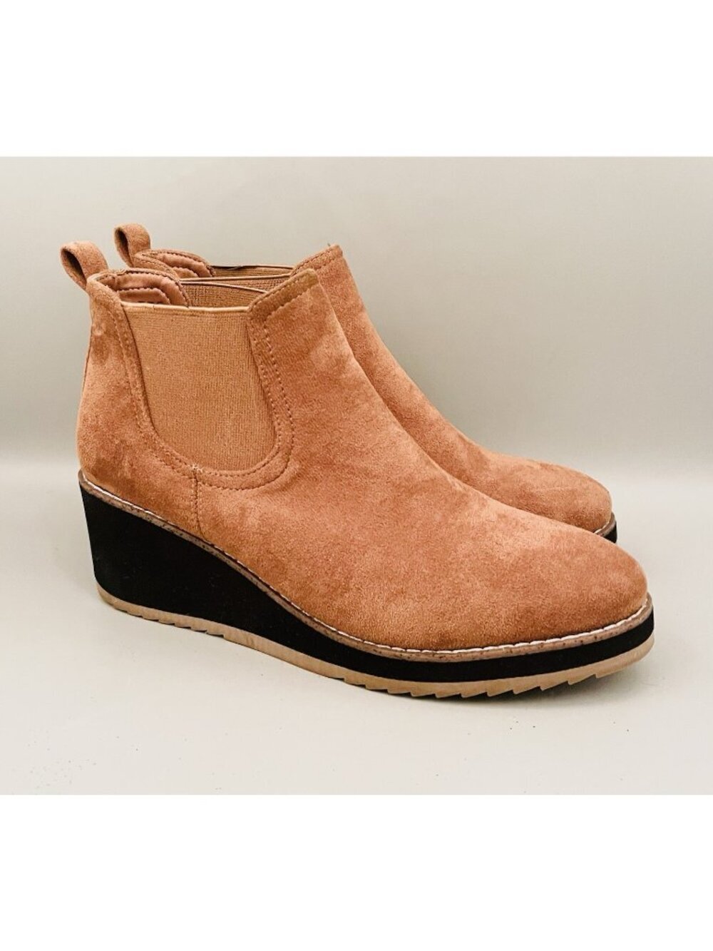 Corky’s Wedge Ankle Boots Size 10 Tobacco Faux Suede “Love You A Latte” Brown
